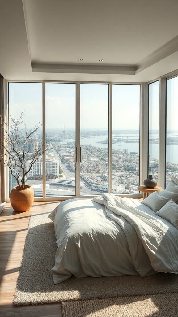 Meditationsecke mit Kissen, Pflanzen und Blick auf die Stadt