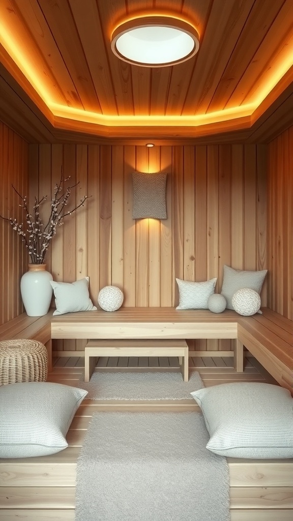Helle Meditationssauna mit großen Fenstern, Holzverkleidung und gemütlichen Kissen