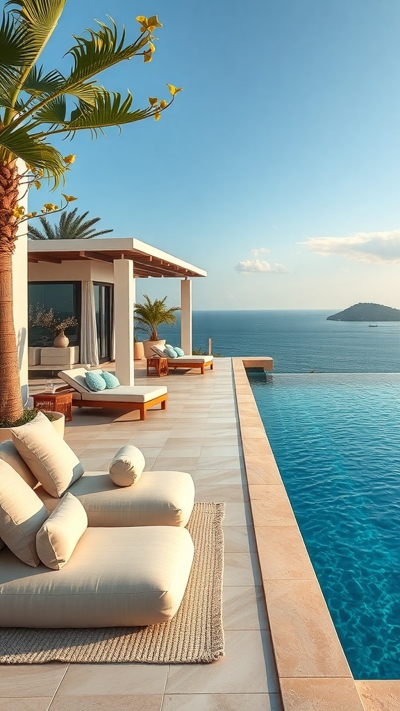 Meditationszone am Pool mit Liegen und Blick auf das Wasser