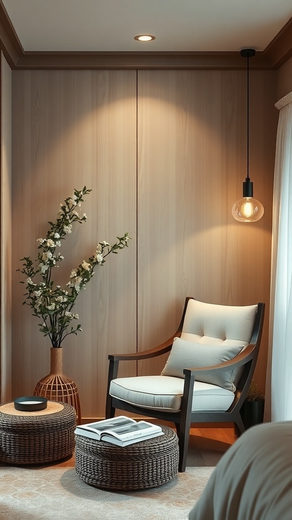 A cozy reading nook featuring a comfortable chair, woven ottomans, and a vase with flowers, set in a serene environment.