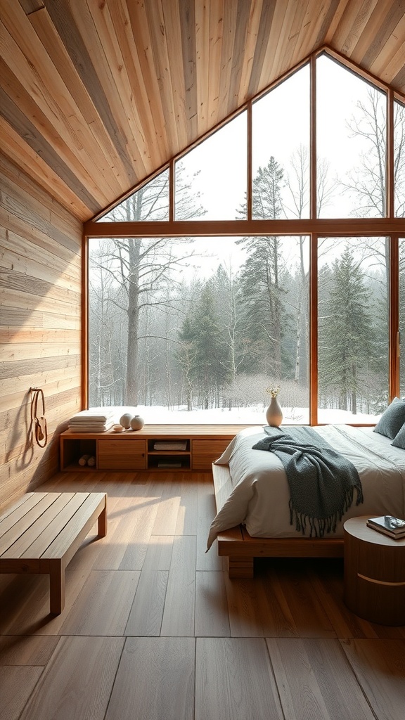 A serene bedroom with large windows overlooking a forest, featuring wooden walls and flooring.