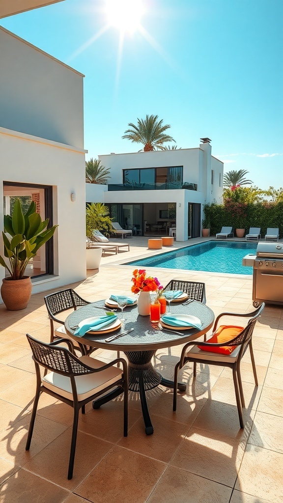 Ein mediterraner Essbereich im Freien mit einem Tisch, Stühlen und einem Pool im Hintergrund.