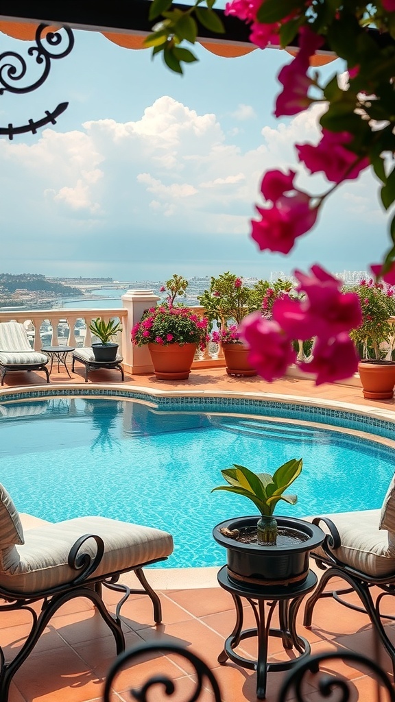 Mediterrane Entspannungsecke mit Pool und Blumen