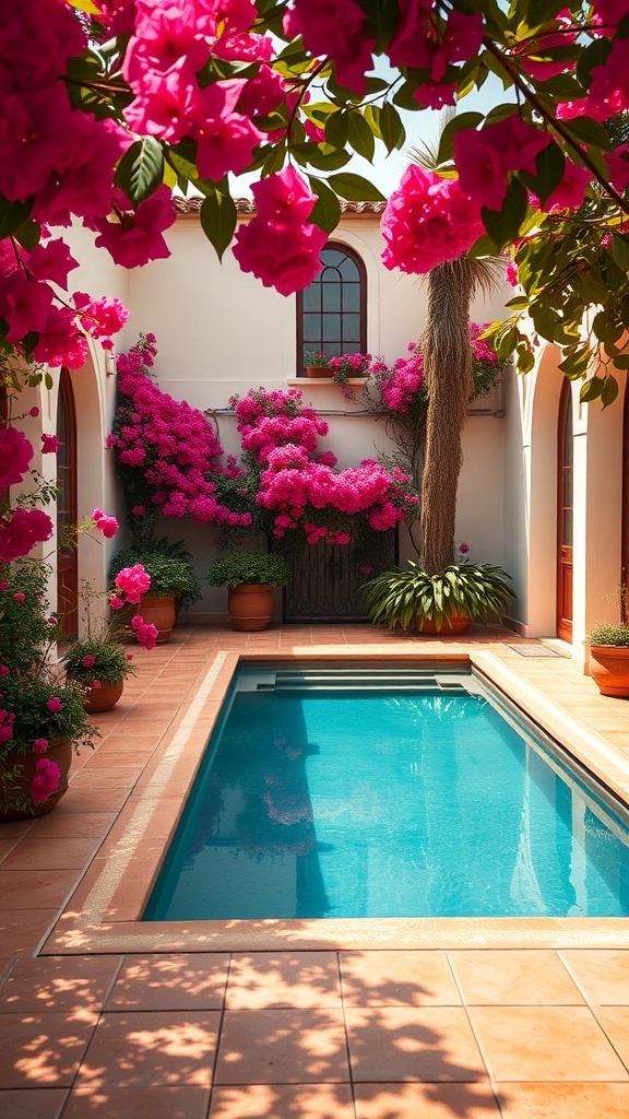 A Mediterranean-inspired courtyard pool surrounded by vibrant pink bougainvillea flowers and terracotta tiles.