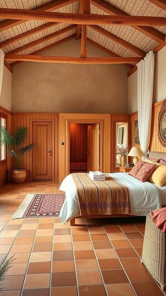 Cozy Mediterranean-style bedroom with wooden ceiling, terracotta tiles, and inviting decor.
