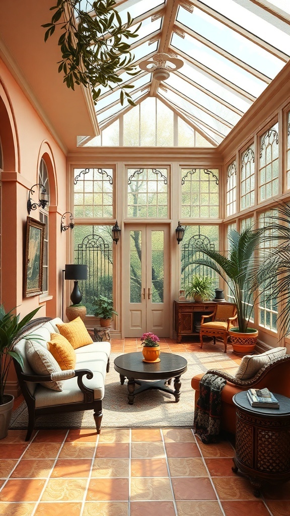A bright Mediterranean inspired conservatory with peach walls, terracotta tiles, and cozy furniture.