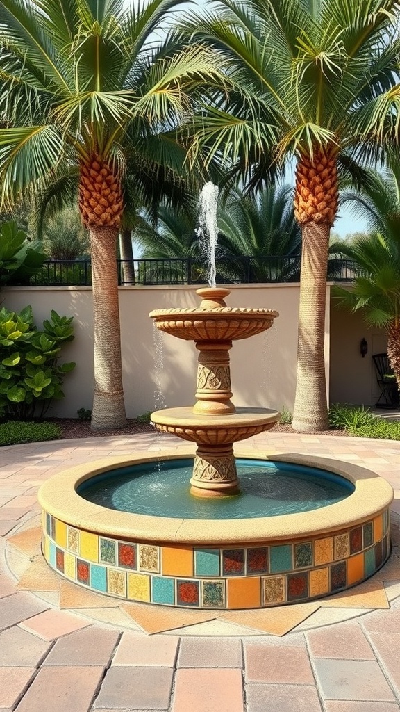 A three-tier Mediterranean style fountain surrounded by palm trees and colorful tiles.