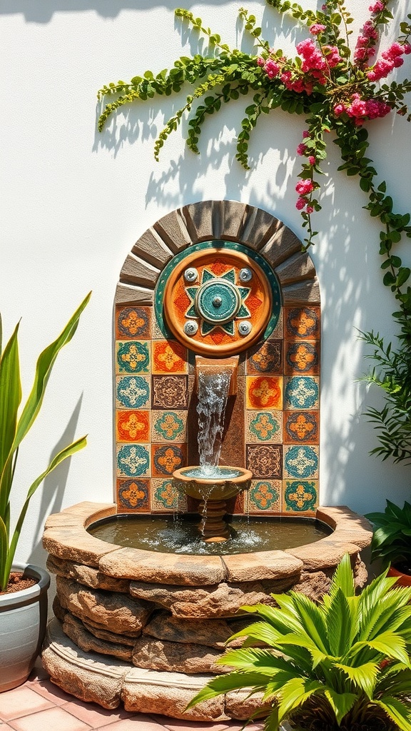 Mediterranean style wall fountain with colorful tiles and flowing water surrounded by plants