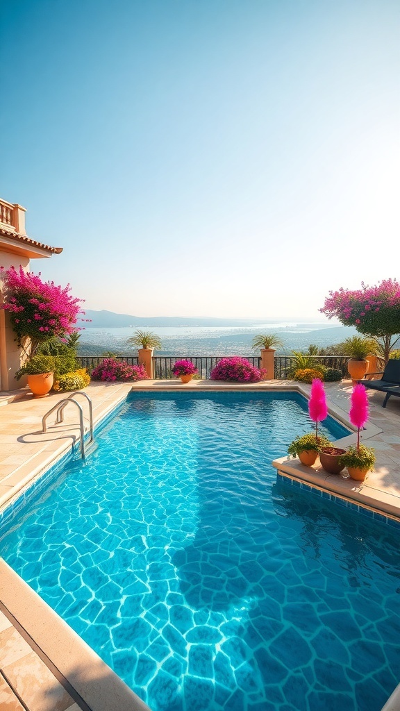Ein schöner Travertin-Pool mit bunten Blumen und einer atemberaubenden Aussicht.