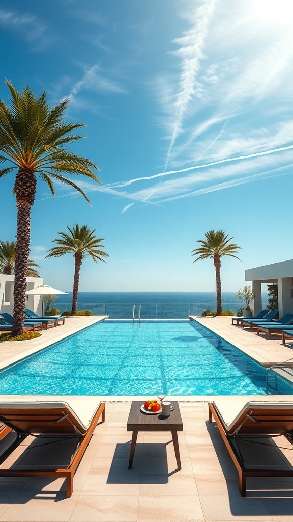 Mediterraner Pool mit Palmen und Liegen, Blick auf das Meer