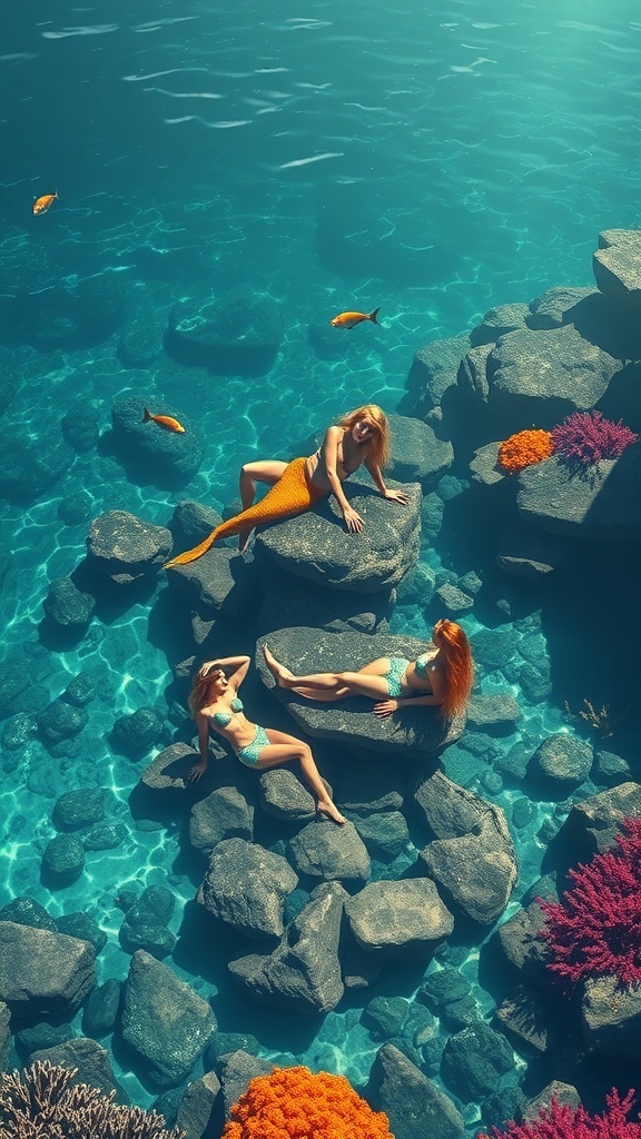 A serene lagoon with merfolk lounging on rocks, surrounded by colorful coral and fish.