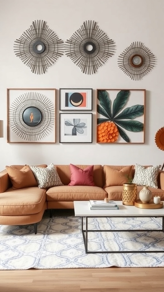 A modern living room featuring metal wall sculptures and framed artwork.