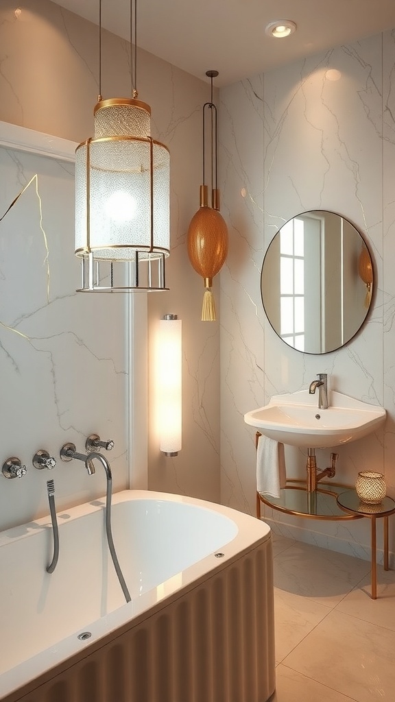 A modern bathroom with metallic accents, featuring stylish lighting and a round mirror.