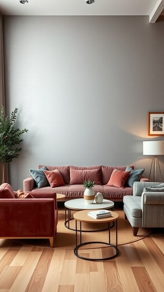 Cozy living room with gray walls, red and blue furniture, and wooden flooring.