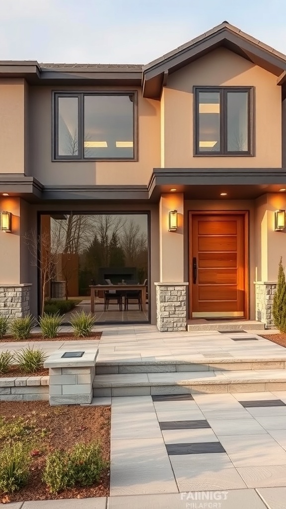 A modern house with metallic accents on light fixtures and door hardware, showcasing a stylish exterior.