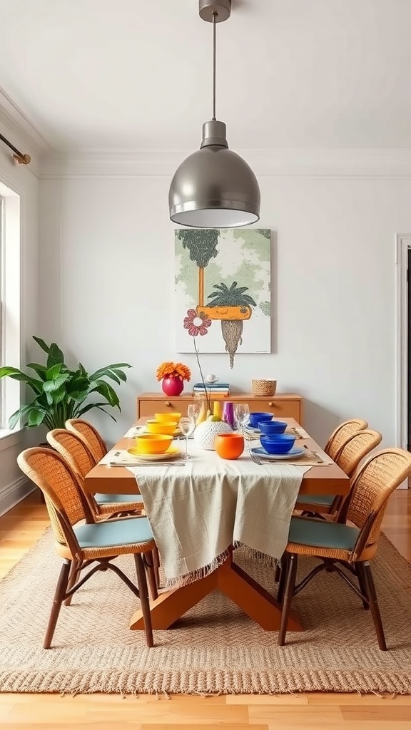 A dining room with a wooden table, colorful bowls, and a metallic pendant light.