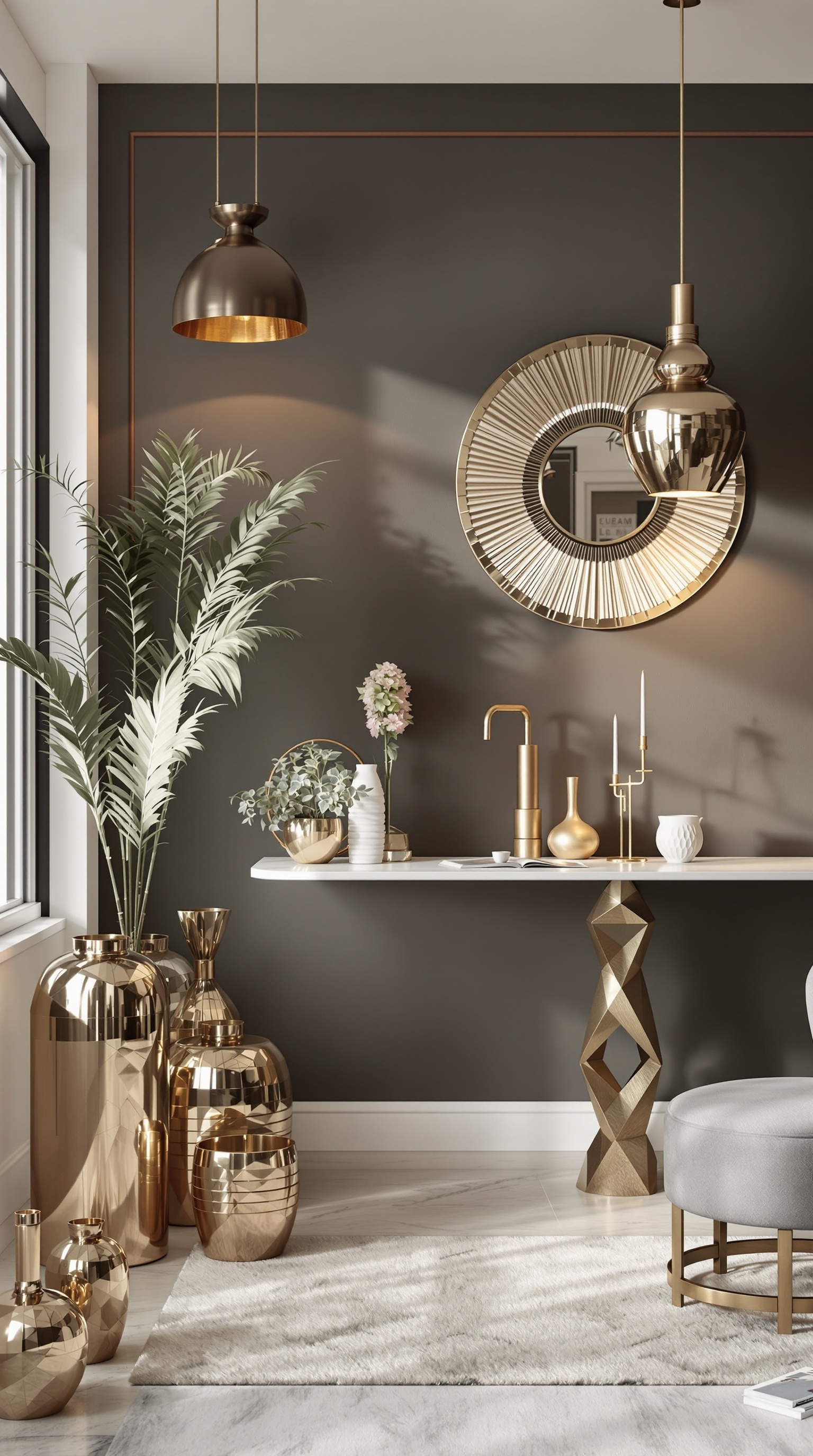Ein stilvoller Raum mit metallischen Elementen, warmen Holztönen und einer eleganten Pendelleuchte.