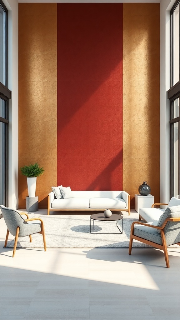 Ein moderner Raum mit metallischen Akzentwänden in Rot und Gold, hellen Möbeln und großen Fenstern.