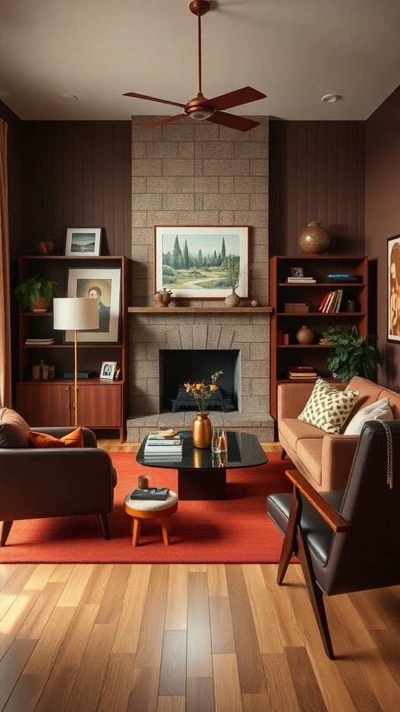 Mid-century living room with chocolate brown decor, featuring a cozy seating area, a coffee table, and warm lighting.