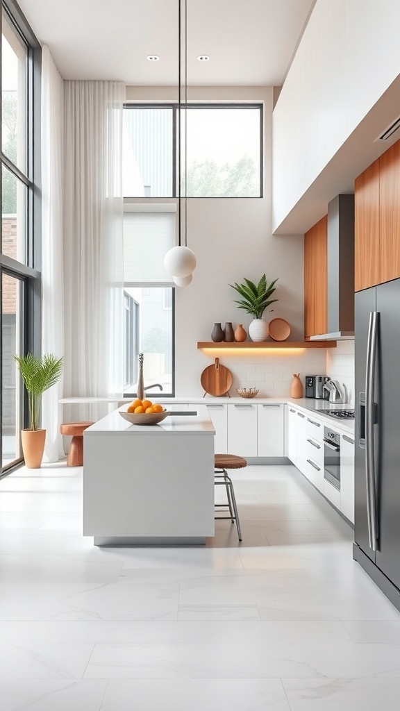A bright and modern kitchen featuring white cabinetry, wooden accents, and large windows.