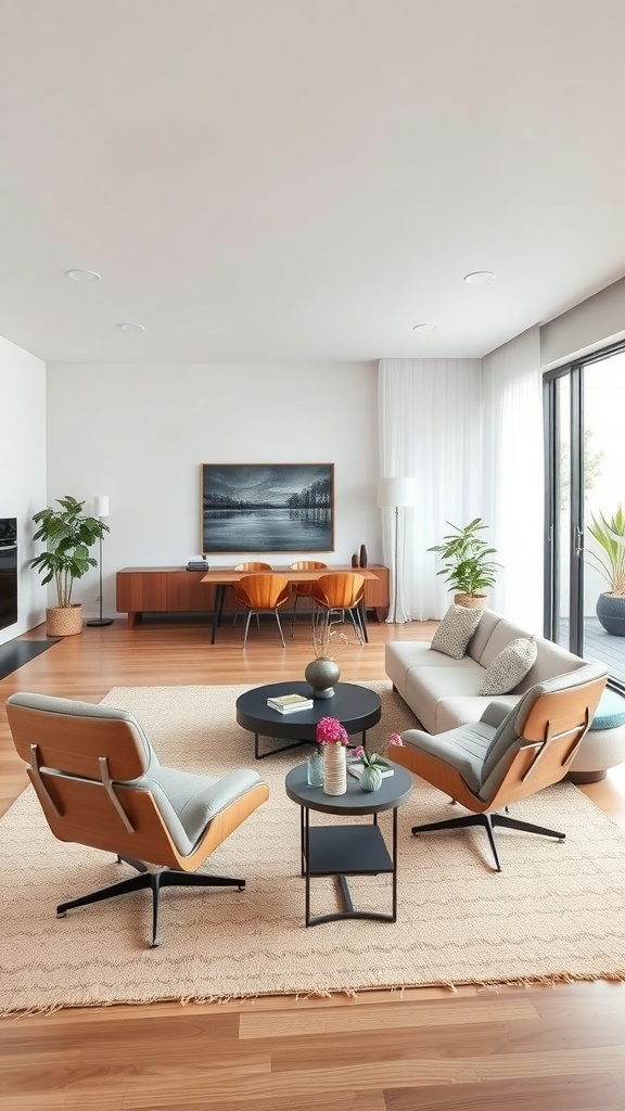 A stylish mid-century modern living room featuring comfortable chairs, a coffee table, and natural light.