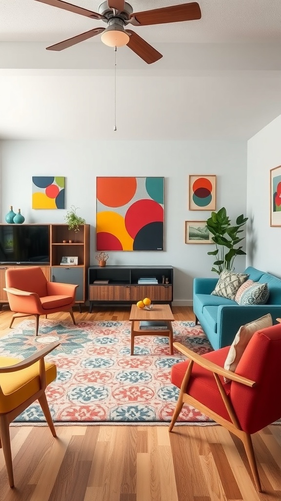 A vibrant mid-century modern living room featuring a blue sofa, orange and yellow chairs, geometric wall art, and a cozy area rug.