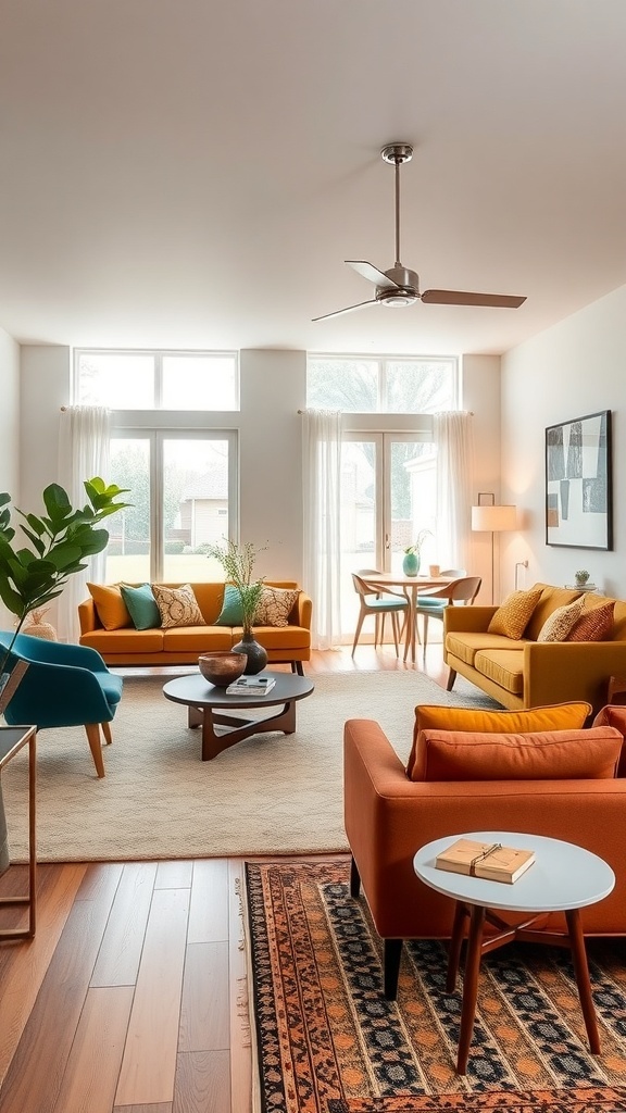 A stylish mid-century modern living room and dining area featuring colorful sofas, a round coffee table, and large windows.