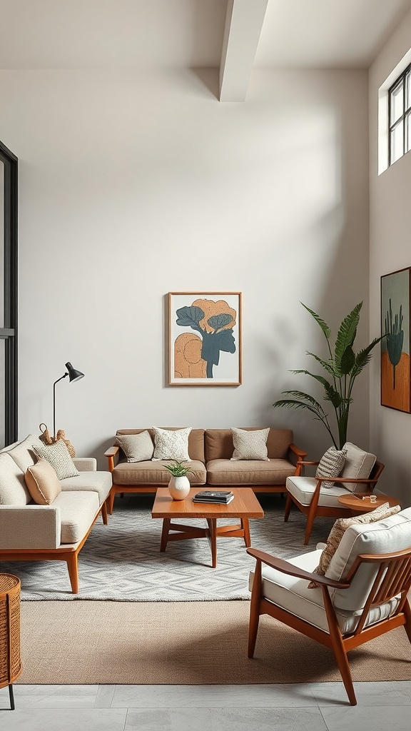 A mid-century modern living room with a sunken couch area, featuring warm tones, wooden furniture, and plants.
