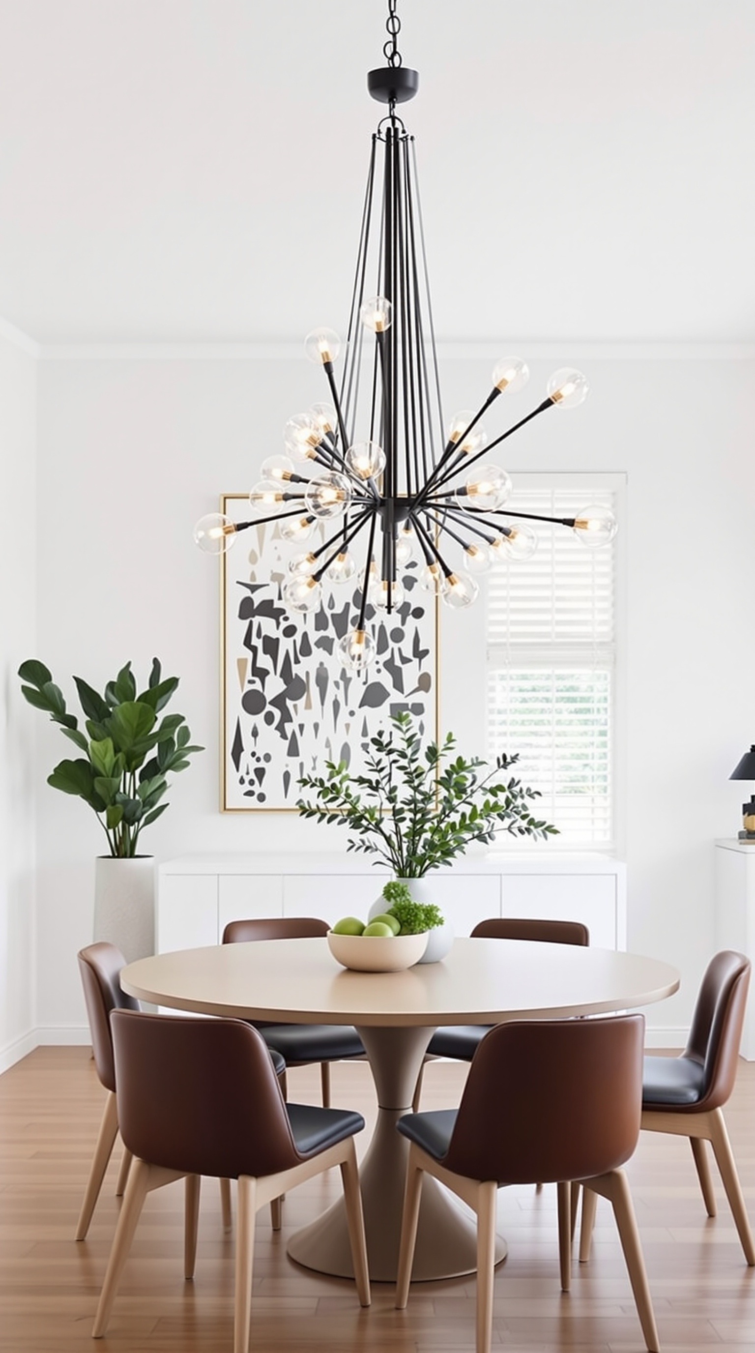 A stylish dining area with mid-century modern lighting, featuring a large chandelier and a sleek pendant light.