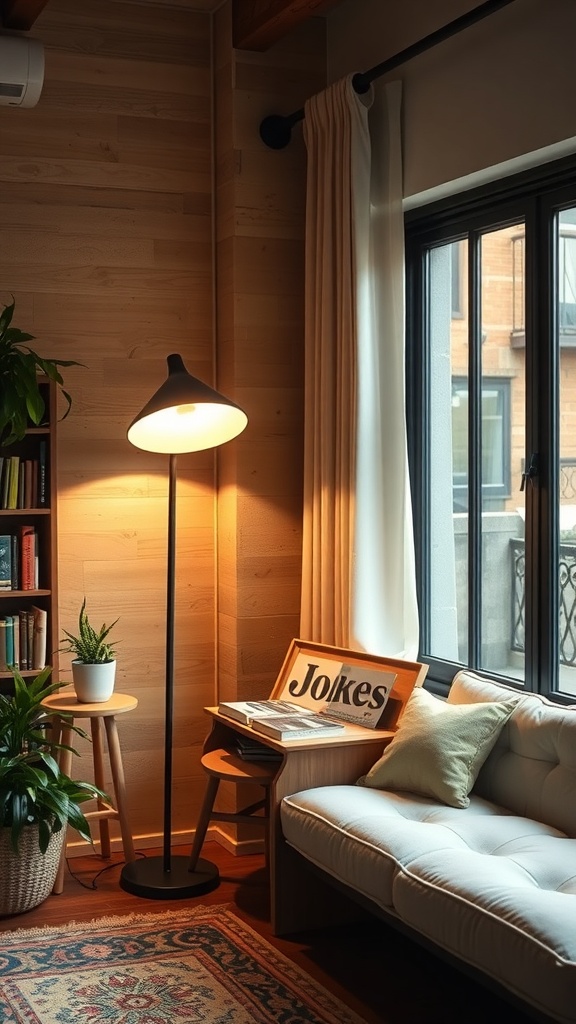 A cozy living room corner featuring a mid-century modern floor lamp, a stylish sofa, and plants.