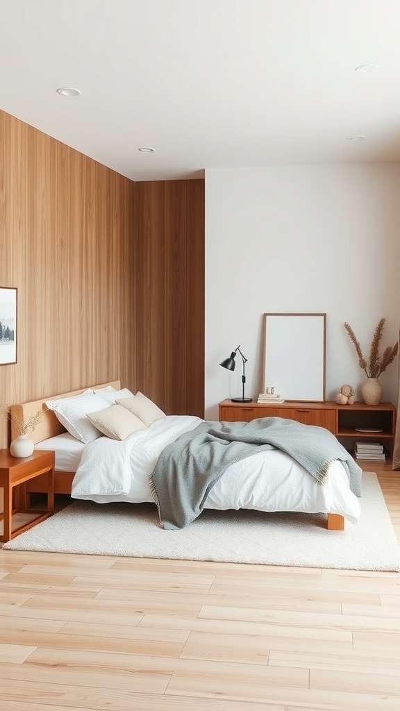 A minimalist Japanese bedroom featuring wooden accents, a cozy bed with white linens, and a light gray throw.