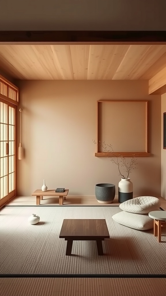 A minimalist Japandi interior featuring natural wood elements and soft color accents.