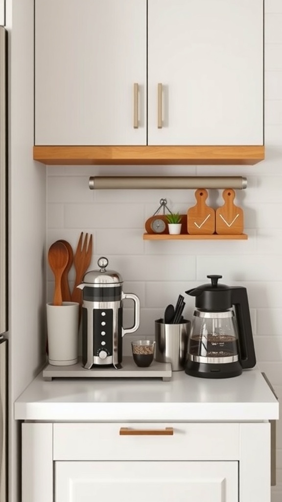 A mini coffee station featuring a French press, coffee pot, and wooden decor in a small kitchen.