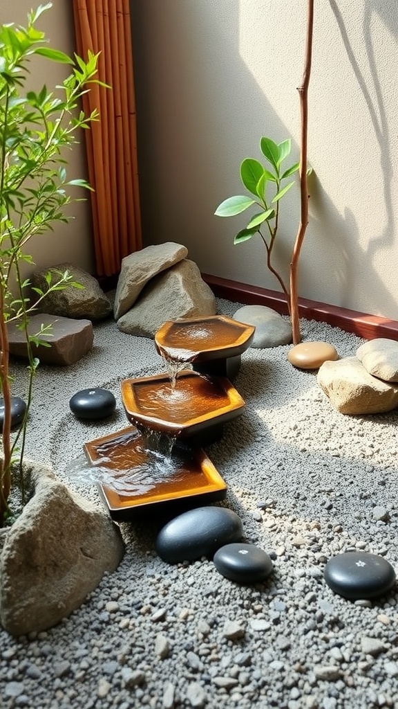 A serene mini Zen garden featuring a tiered fountain surrounded by smooth stones and greenery.