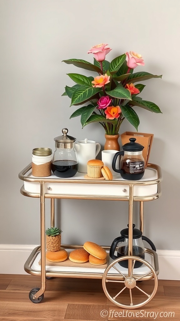 A stylish miniature coffee bar cart with a coffee maker, pastries, and a potted plant.