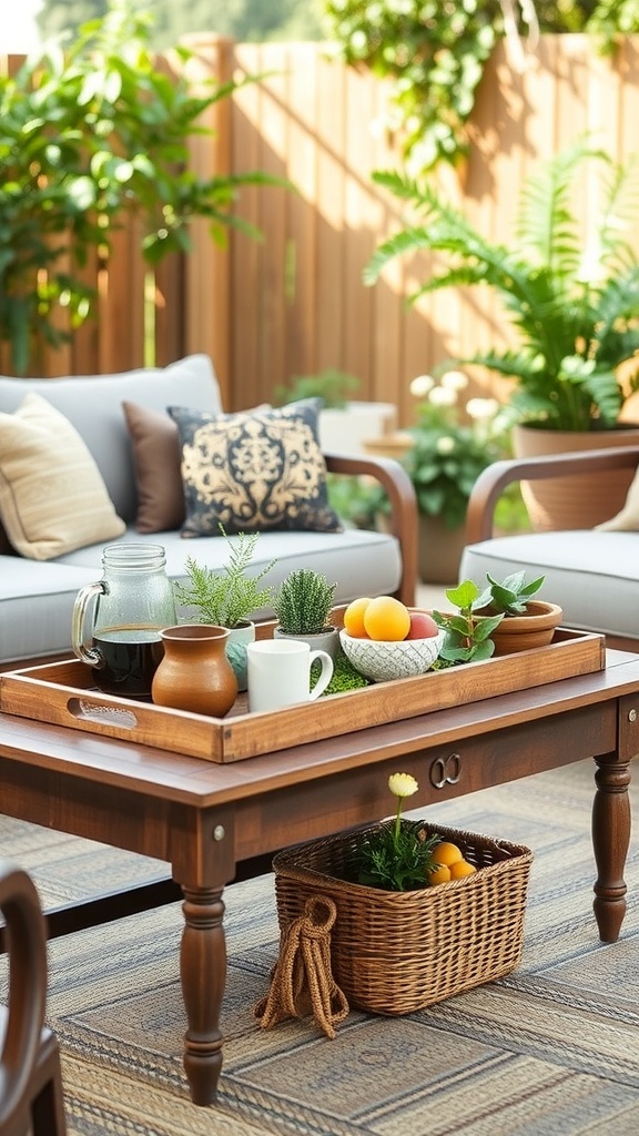 A wooden coffee table with a tray of plants, fruits, and coffee accessories, surrounded by comfortable seating in an outdoor setting.