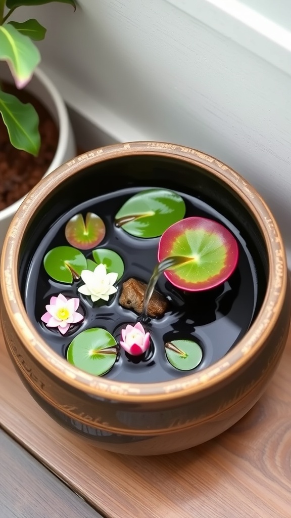 A small container pond with lily pads and flowers