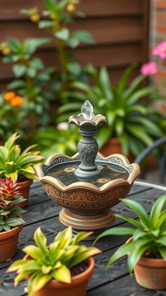A decorative tabletop fountain surrounded by potted plants.