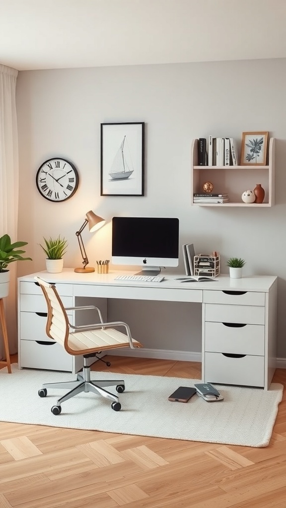 Minimalistisches Home Office mit großen Fenstern, einem Schreibtisch und einem Sessel