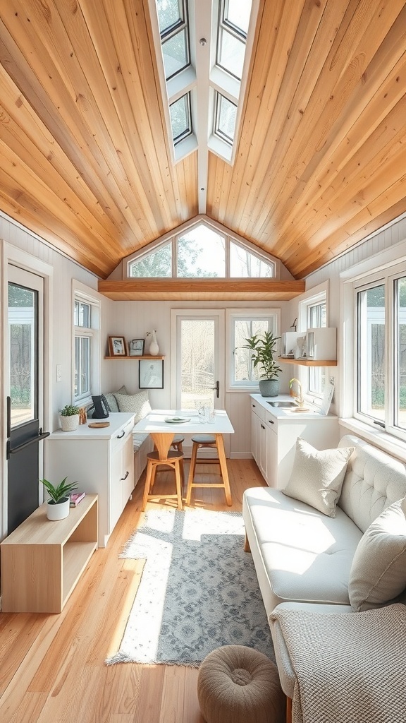 Helles und einladendes Tiny House mit Holzdecke, großen Fenstern und minimalistischer Einrichtung