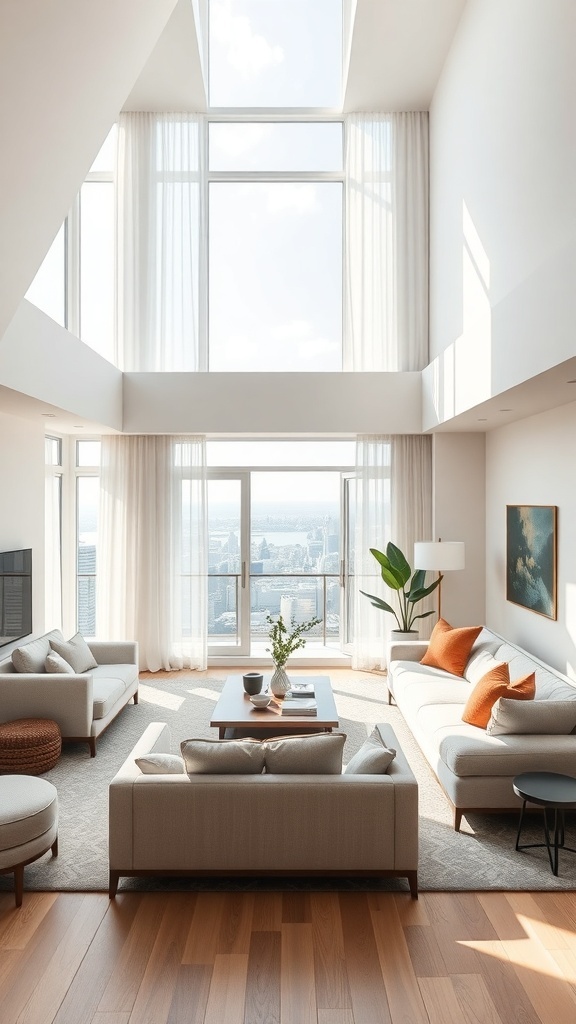 Helles, minimalistisches Wohnzimmer mit großen Fenstern und stilvollen Möbeln