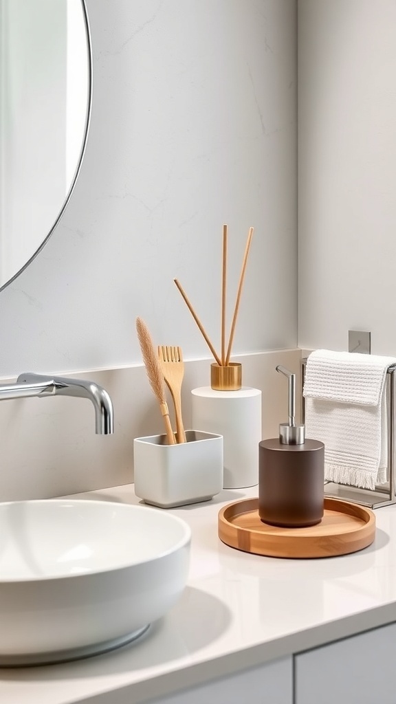 A minimalist bathroom with a sleek sink, soap dispensers, a round mirror, and decorative flowers.