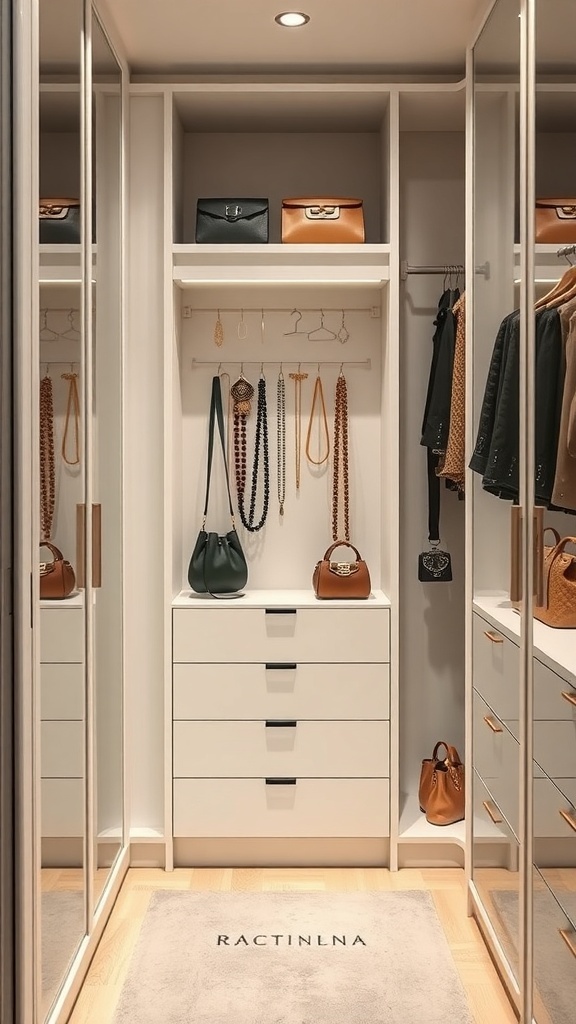 A minimalist walk-in closet with organized accessories, including handbags and jewelry, showcasing a clean and elegant design.