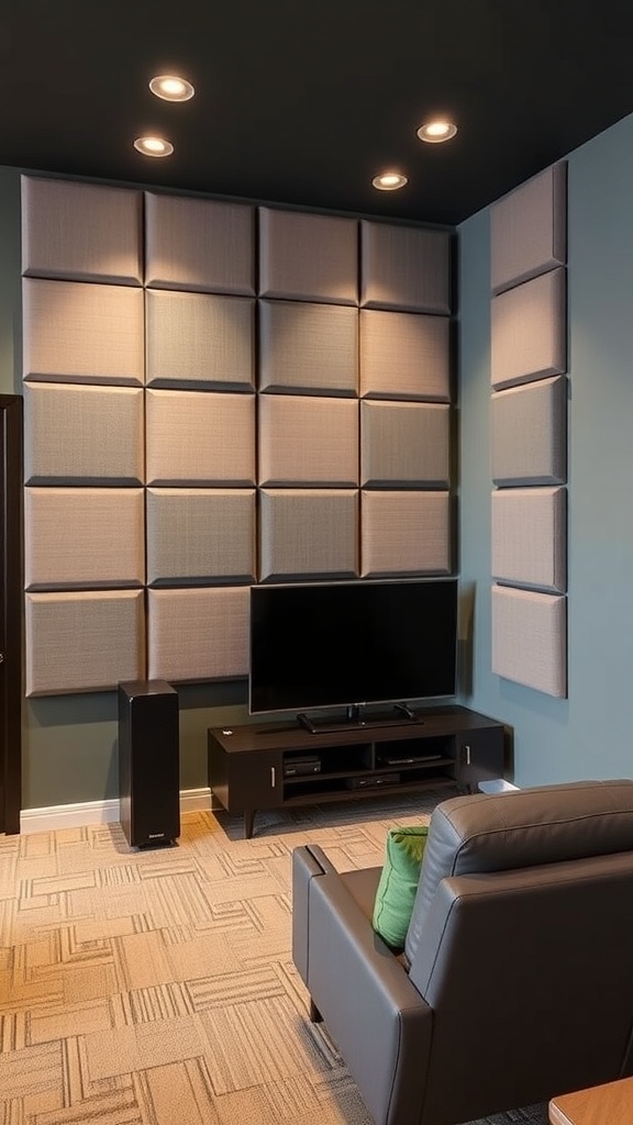 A modern home theater with minimalist acoustic panels on the wall, featuring a TV and a comfortable chair.