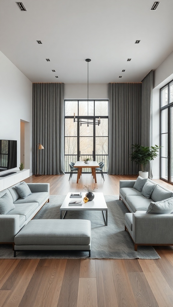 Open concept living and dining room with minimalist design, featuring gray sofas, a coffee table, and large windows.