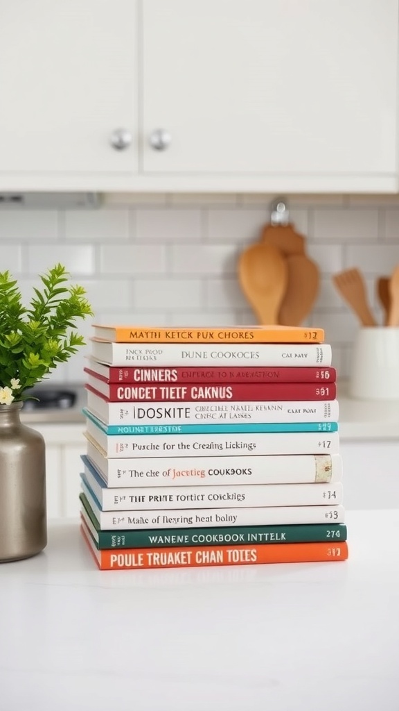 A minimalist arrangement of colorful cookbooks stacked on a kitchen countertop next to a small plant.