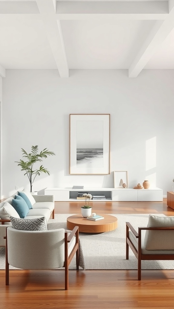 A minimalist living room featuring a black-and-white artwork, cozy furniture, and a light wood coffee table.