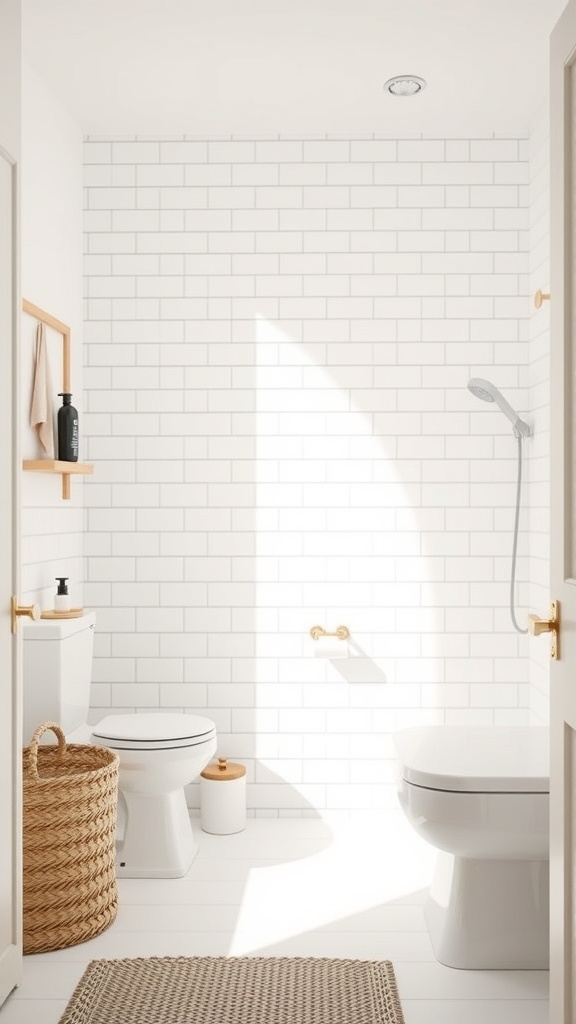 Minimalist bathroom with white tiles, a woven basket, and a sleek showerhead.