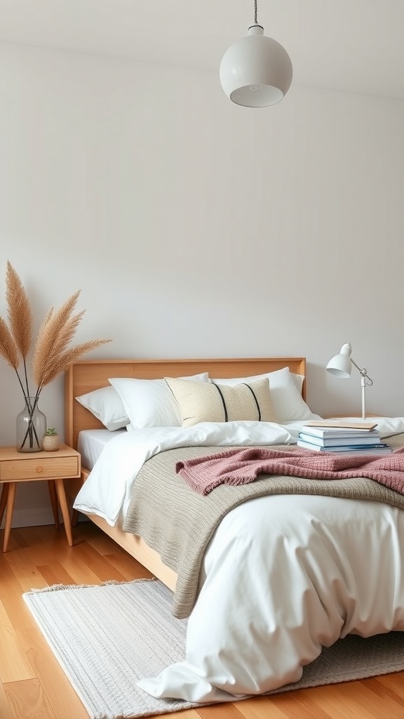 A minimalist bedroom featuring a wooden bed, soft bedding, and a simple lamp.