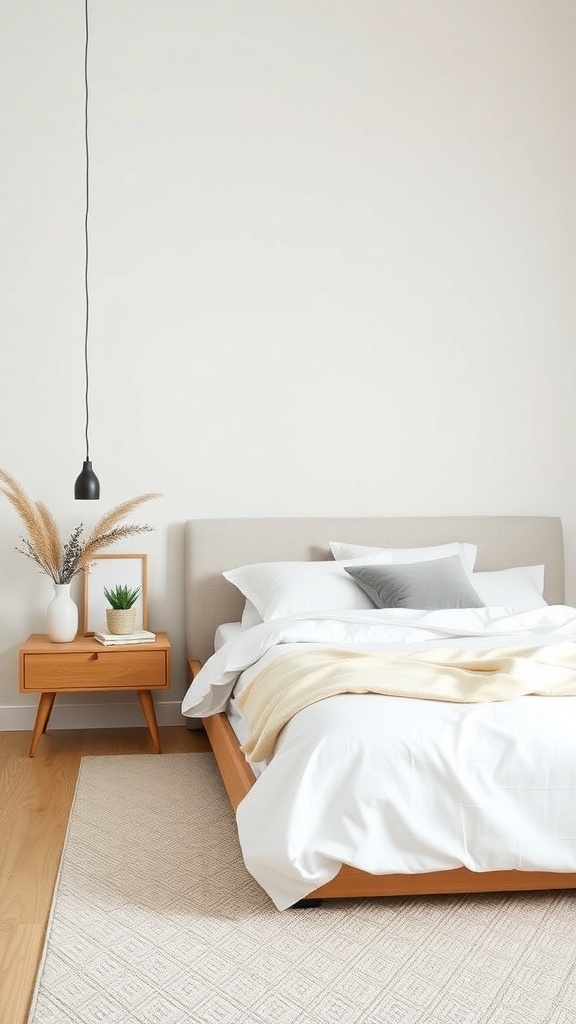 A minimalist bedroom featuring a simple bed, nightstand, and decorative plants.